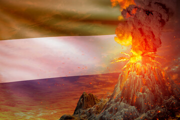 stratovolcano blast eruption at night with explosion on Sierra Leone flag background, suffer from eruption and volcanic earthquake concept - 3D illustration of nature