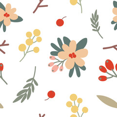 Seamless floral pattern with berries, leaves, white and yellow flowers on a white background. Vector texture.