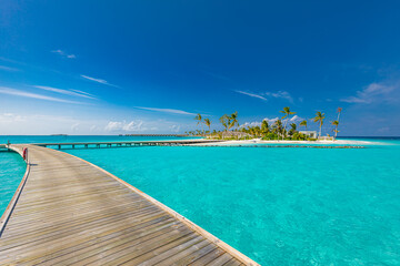 Ocean lagoon bay view, blue sky and clouds with wooden jetty and over water bungalows, villas, endless horizon. Meditation relaxation tropical background, sea ocean water. Skyscape seascape background