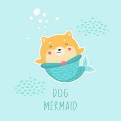 Cute mermaid dog, fantastic underwater world. Cartoon print for T-shirts, postcards. Vector illustration for children.