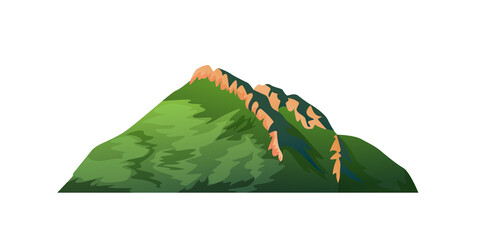 Ridge long narrow hilltop and green forest on mountain range, summer nature landscape isolated cartoon icon. Vector jungle scenery panorama on high top. Scenic rocks, hiking climbing tourism