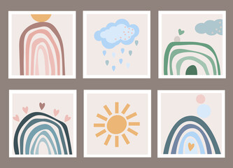 Set of cards with minimalistic abstract Scandinavian designs. Rainbow sun and cloud with rain in boho style. Vector illustrations. For cards, invitations, posters
