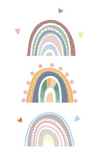 Rainbow collection in boho style, pastel colors. Abstract Hand drawn prints. Minimalist Scandinavian rainbow with various decorative elements of doodles, lines, heart. Romantic design. Vector