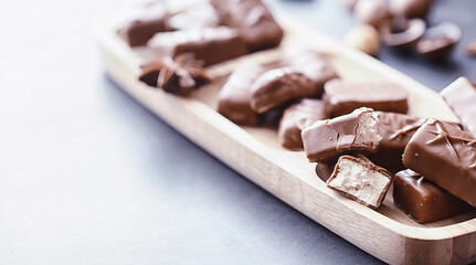 Chocolate bars on a black background in backlight. Chocolate with filling. Sweet sweets for snack and tea.