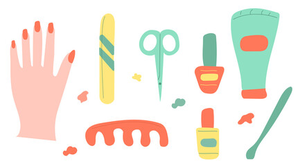 Set of manicure tools - nail polish, scissors, cream and hand. Vector illustration for shop ads, stickers, flyers, banners, etc