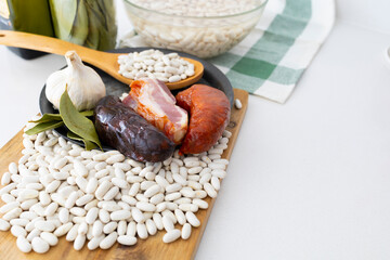 Asturian bean stew. Ingredients to prepare fabada. Food photography