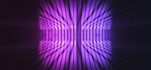 Fototapeta premium Dark Sci Fi Futuristic Striped Metal Glossy Studio Purple Blue Neon Fluorescent Glowing Hangar Studio Spaceship Stage Product Cyber Background 3D Rendering