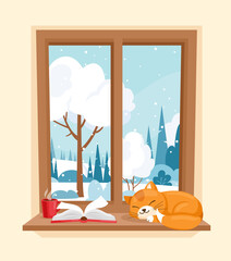 Winter window. Vector illustration of wood window view of garden with sleeping cat, book and a cup of coffee on the windowsill. Winter landscape with tree, bush, field. Hygge concept. Snowy winter day