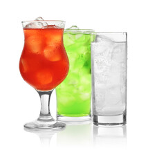 Delicious refreshing drinks in glasses on white background