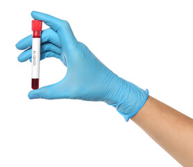 Scientist in protective gloves holding test tube with blood sample and label Covid-19 on white...