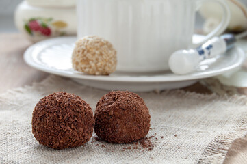 Homemade chocolate truffle with chocolate chips on the surface