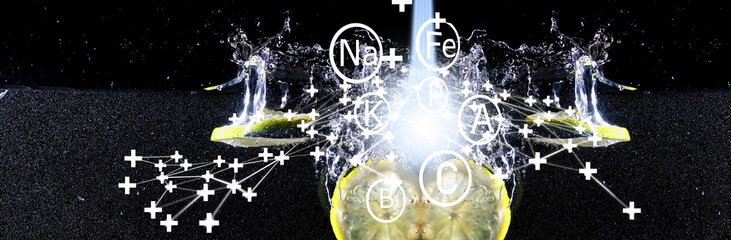 Water drops on ripe sweet lemon. Fresh lime  background with copy space for your text. Vegan concept.