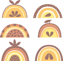 Vector set : flat illustration of simple exotic fruits with seeds and leaves. Warm brown, beige colors.Isolated on white elements for design card, textile, prints.