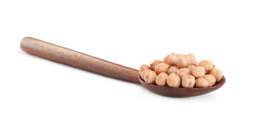 Raw chickpeas in spoon on white background