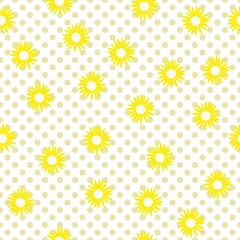 seamless pattern with yellow flowers, vector drawing sunflowers on polka dot design