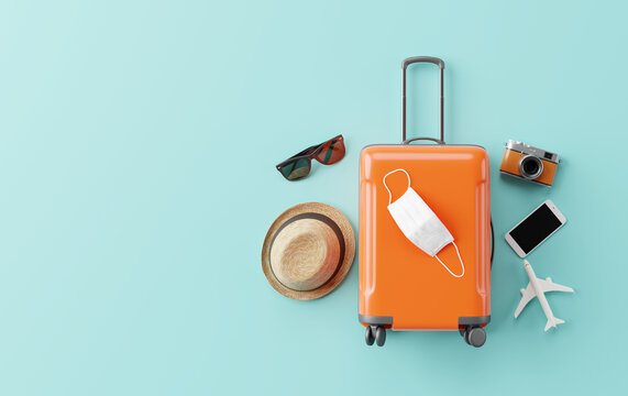 Flat lay orange suitcase with face mask and travel accessories on blue background. 3d rendering