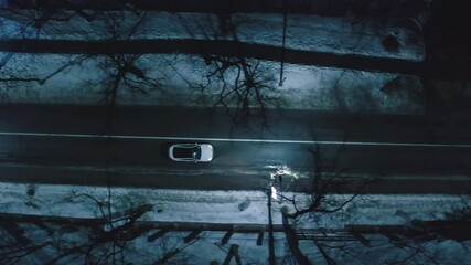 Aerial top down view of illuminated city road at night with car, drone flight along street 4K. a white car drives along the road at night. one car on a forest road. - Powered by Adobe