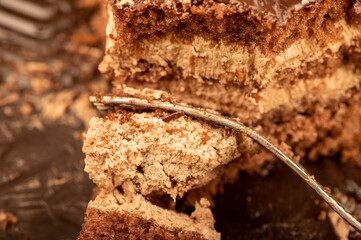 Chocolate cake and a metal fork. Close-up, selective focus.