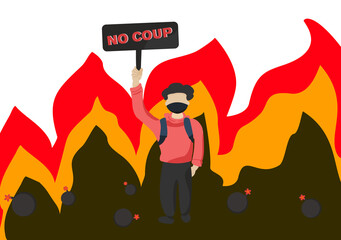 no coup with fire, a protest man in bonfire with no seize power sign campaign vector