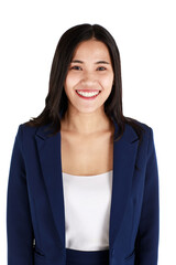 Portrait studio shot of a young friendly face and beautiful Asian woman in dark blue office business suit standing with friendly smile face pose to camera isolated on white background