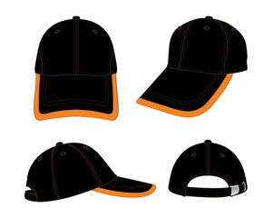 Set Black Baseball Cap Design With Orange Edging Brim Cap And Adjustable Metal Buckle Closure Strap Vector.