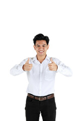 Portrait studio shot of a young friendly face and handsome Asian man standing and pose to camera with positive gesture isolated on white background