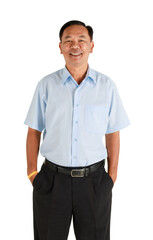 Fototapeta premium A kindly face and warm character ole senior Asian man with a friendly and happy smile standing and pose to camera isolated on white background with hands in pocket and looking to camera.