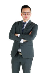 Young and handsome businessman executive look, wearing dark gray suit and eyeglasses standing with friendly face and self-confidence with hand crossed on chest.