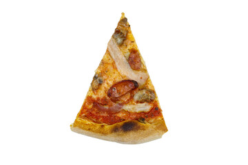 Slice of pizza with sausage, mushrooms and cheese isolated on white background