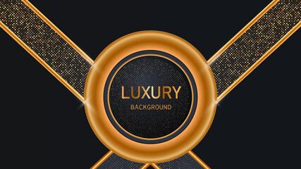 Dark abstract background with black overlap layers. Realistic texture with light effect and golden glitters dots element decoration.