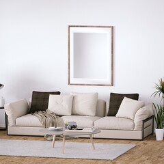 Danish Design Interior with Cozy Couch and Indoor Plants All Around, Isolated Empty Frame Mockup Hanged on Walls