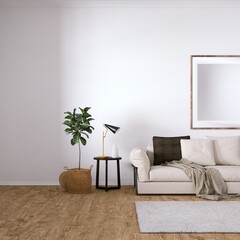 Danish Design Interior with Cozy Couch and Indoor Plants All Around, Isolated Empty Frame Mockup Hanged on Walls