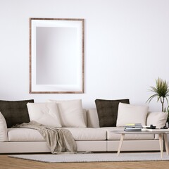 Danish Design Interior with Cozy Couch and Indoor Plants All Around, Isolated Empty Frame Mockup Hanged on Walls