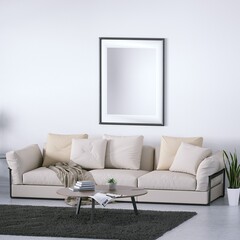 Danish Design Interior with Cozy Couch and Indoor Plants All Around, Isolated Empty Frame Mockup Hanged on Walls