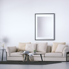 Danish Design Interior with Cozy Couch and Indoor Plants All Around, Isolated Empty Frame Mockup Hanged on Walls