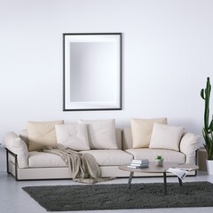 Danish Design Interior with Cozy Couch and Indoor Plants All Around, Isolated Empty Frame Mockup Hanged on Walls