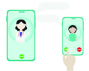 Illustration of The hand is pressing the mobile phone ,The patient is calling the doctor for consutation health, Ask for symptoms of illness at home. Telemedicine concept.