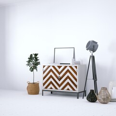 Mid-Century Design Interior with Storage Cabinet, White Plank Floors, Isolated Empty Frame Mockup on Cabinet