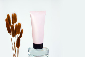Unbranded pink squeeze cream tube with black screw cap on glass stand and bunch of brown herbs Lagurus. Cosmetic bottle for branding and label. Cosmetic skincare product blank plastic package. Mockup