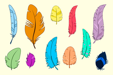 Set of multicolored cartoon feathers. Feathers of tropical birds.