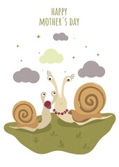 Happy Mother's Day. Cute postcard for the holiday. Gift for mom. I love you. Postcard, banner, print, design for typography. Cute vector illustration. Cute snails. Molluscs.
