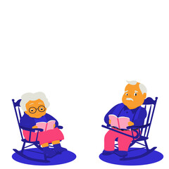 Cartoon of cute grandmother and grandfather sitting on rocking chair ,reading a book. Old parents wearing colorful clothing and glasses reading books in relaxing time. Vector illustration isolate flat