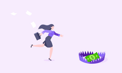 Money trap business concept. Young adult businesswoman running to catch the coin money in the steel bear trap.