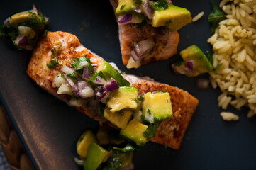 Fried salmon with avocado and rice