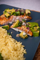 Fried salmon with avocado and rice