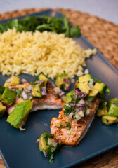 Fried salmon with avocado and rice
