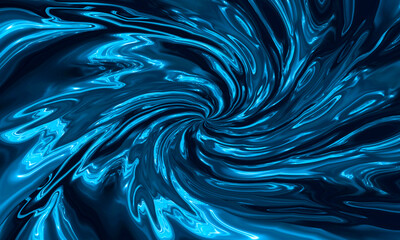 Liquid aqua water tunnel. Underwater corridor, blue neon waves, water stripes. Blue neon dark abstraction. Luminous futuristic abstract neon tunnel, blue neon background. 3d illustration