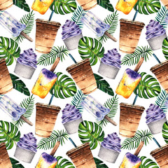 Watercolor illustration. Sweet summer, ice cream, fruit ice,cold coffee,tropical leaves, handmade, postcard, print on t-shirt, seamless pattern, light background