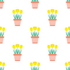 seamless pattern with flowers in pot on white background, tulip flowers in pots