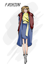 Young beautiful woman in spring clothes. Sale concept. Hand-drawn fashion illustration